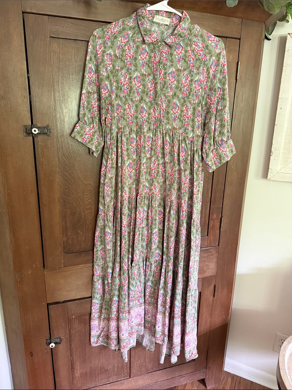 NATURAL LIFE Rebecca Midi Dress Green with Pink Accents and Border at the Bottom